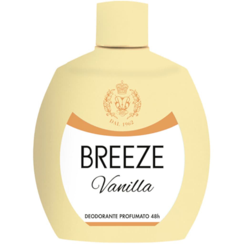 "Breeze Deodorante Squeeze Profumato 48H Vanilla – предна страна на опаковката, показваща продукта и обема от 100 мл"