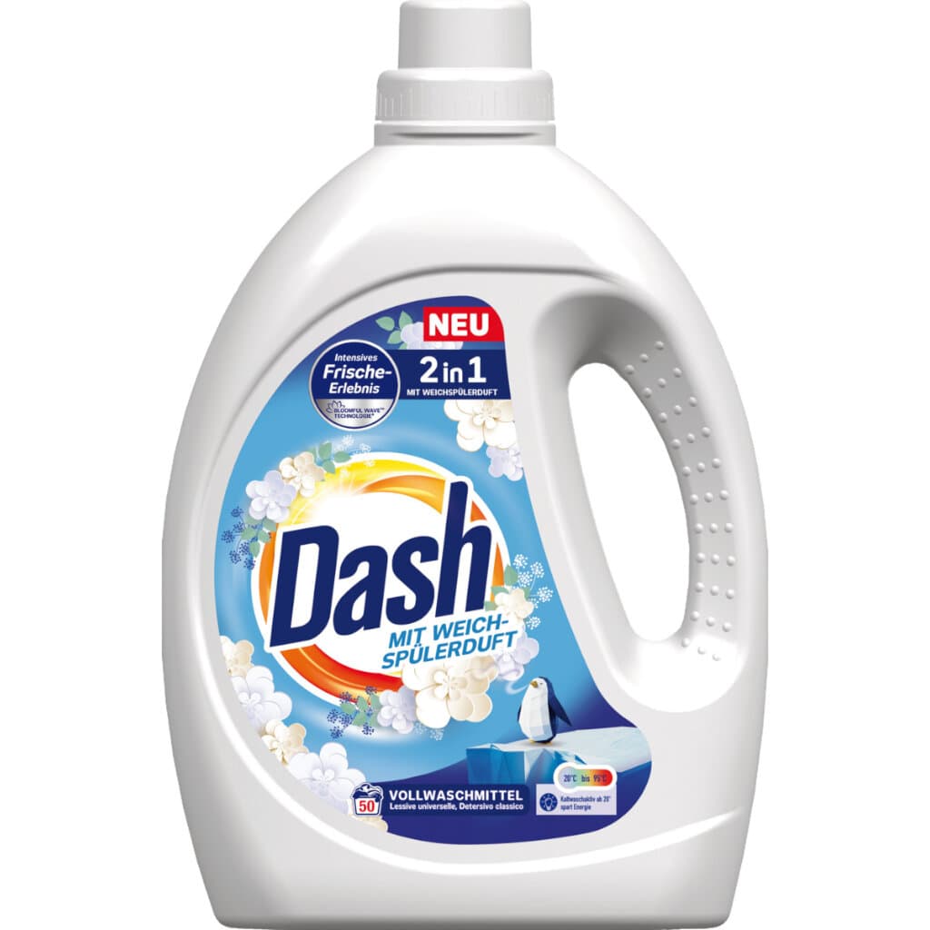 Опаковка на Dash 2in1 Vollwaschmittel Flüssig mit Weichspülerduft.