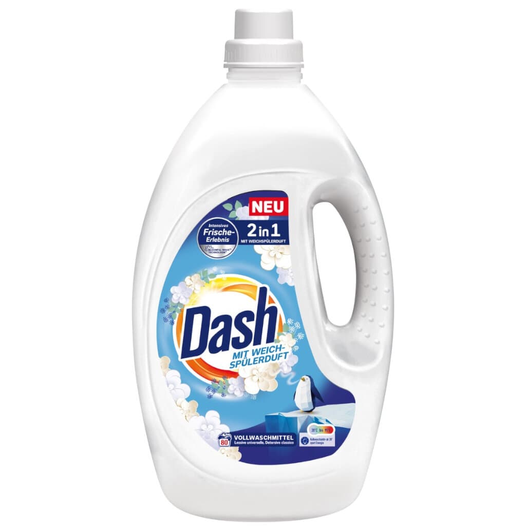 Опаковка на Dash 2in1 Vollwaschmittel Flüssig mit Weichspülerduft.
