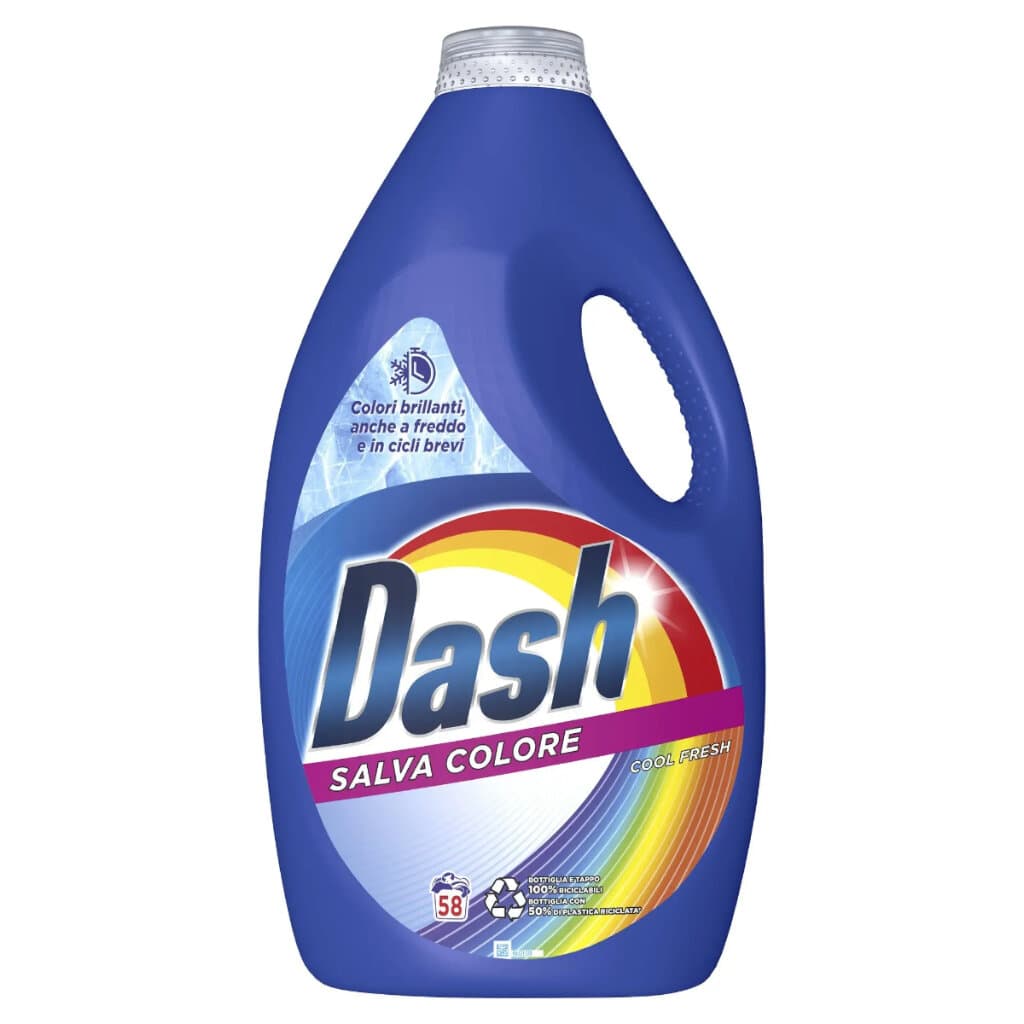 Dash Течен перилен препарат Salvacolore – 58 изпирания (2900 мл) – Преден изглед на бутилката.