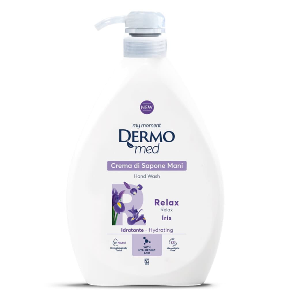 Dermomed Relax All’Iris – Течен сапун за ръце с опаковка, описваща продукта.
