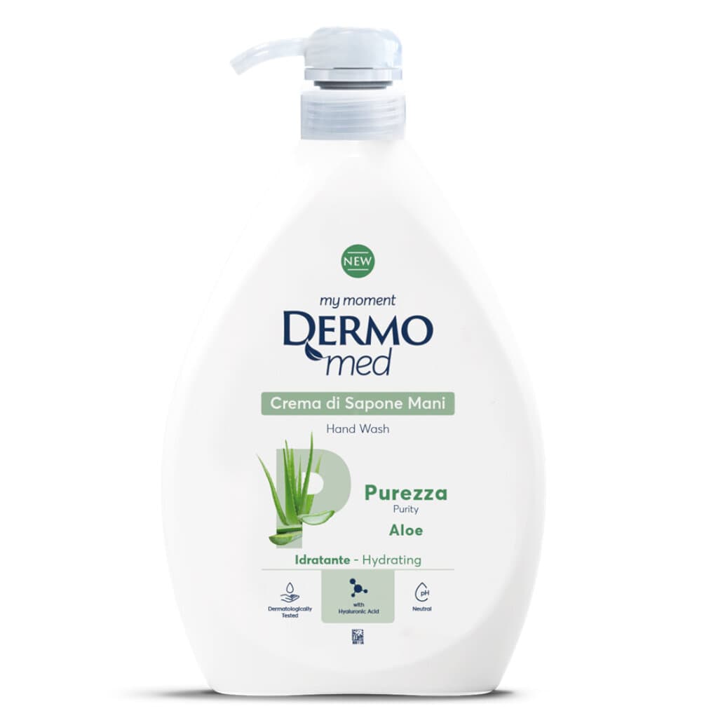 "Dermomed Purezza all’Aloe – Предна страна на опаковката, показваща течния сапун за ръце с алое и свежи плодови нотки."