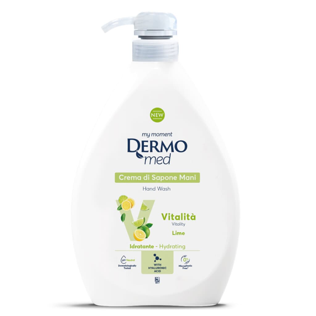 "Dermomed Vitalità al Lime – Предна страна на опаковката, показваща течния сапун за ръце с аромат от лайм."