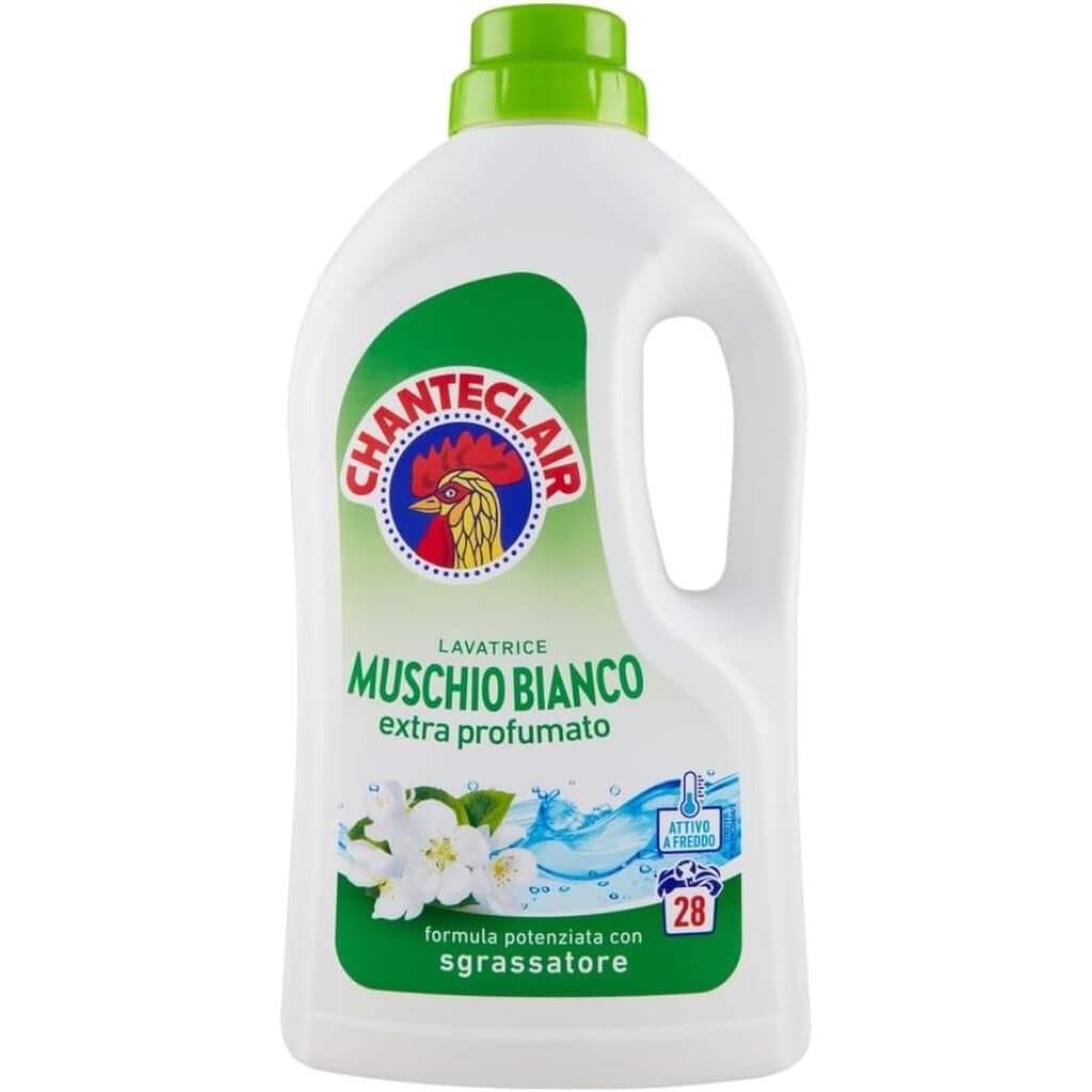 Опаковка и преден изглед на Chanteclair Detersivo per Lavatrice Classico Muschio Bianco - Ефективен Перилен Препарат за Всички Тъкани