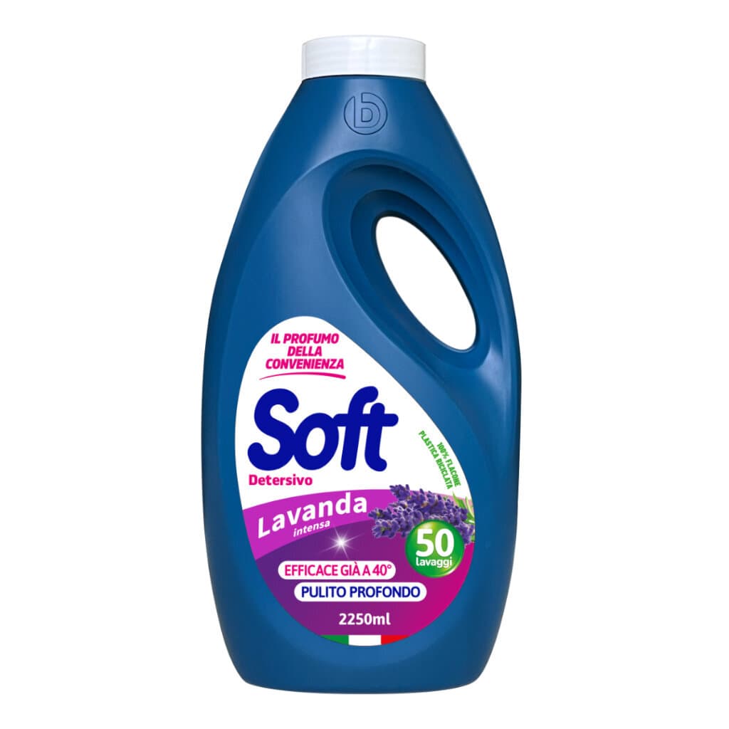 Soft Detersivo Liquido Lavanda Intensa Liquigel – Течен перилен препарат с лавандулов аромат – Предна част на опаковката.
