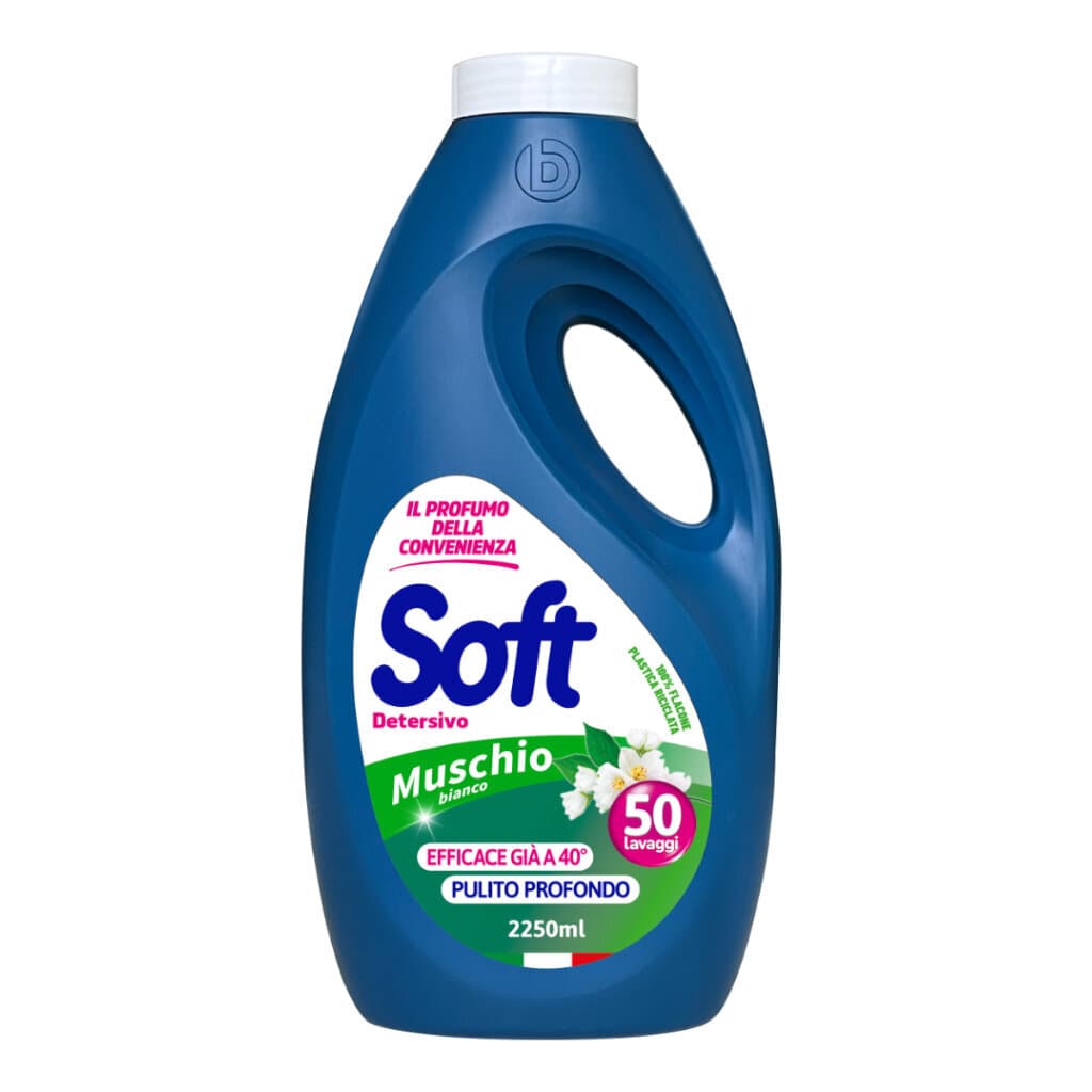 Soft Detersivo Liquido Muschio Delicato Liquigel – Течен перилен препарат с бял мускус – Предна част на опаковката.