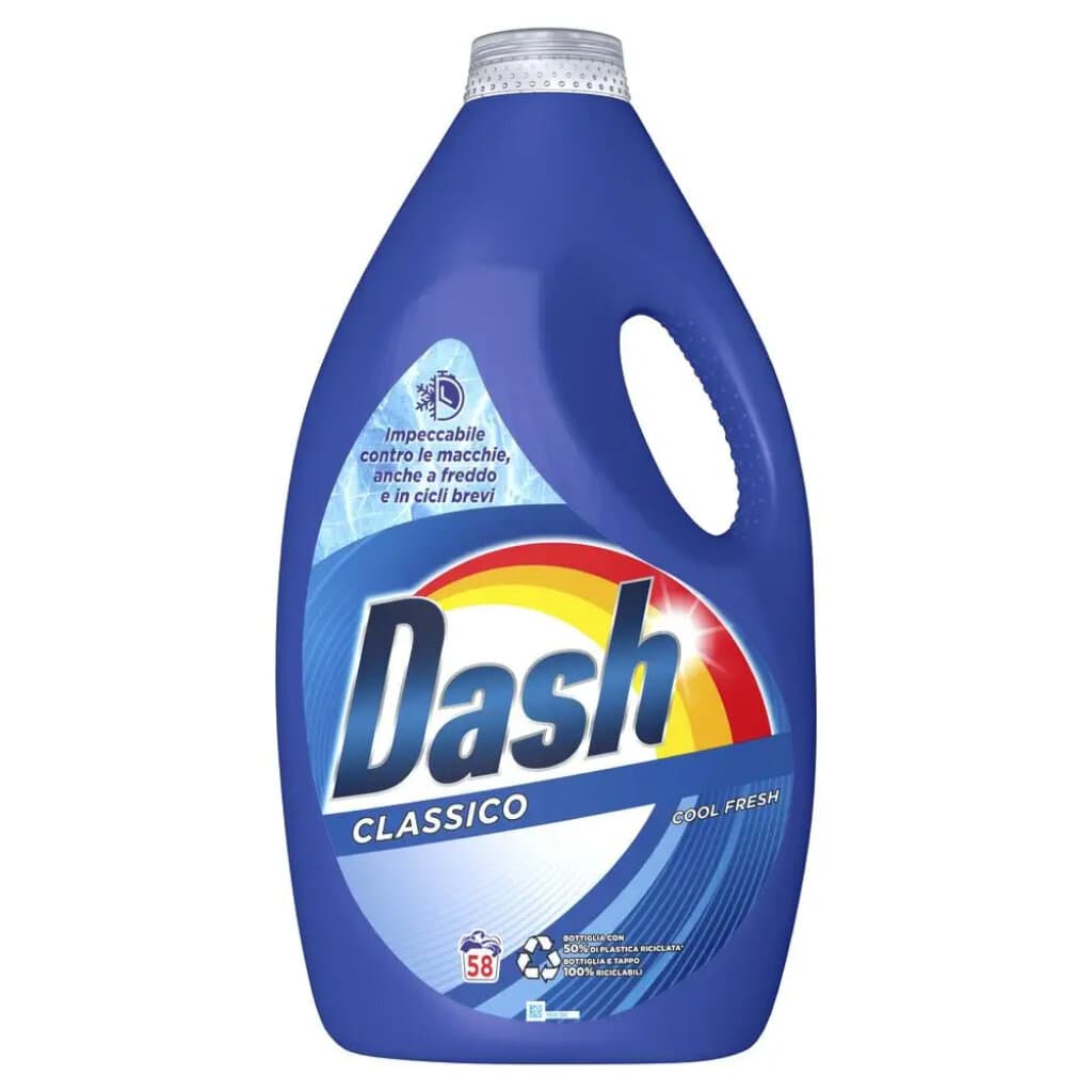 Dash Течен перилен препарат Classico – 58 изпирания (2900 мл) – Преден изглед на бутилката.
