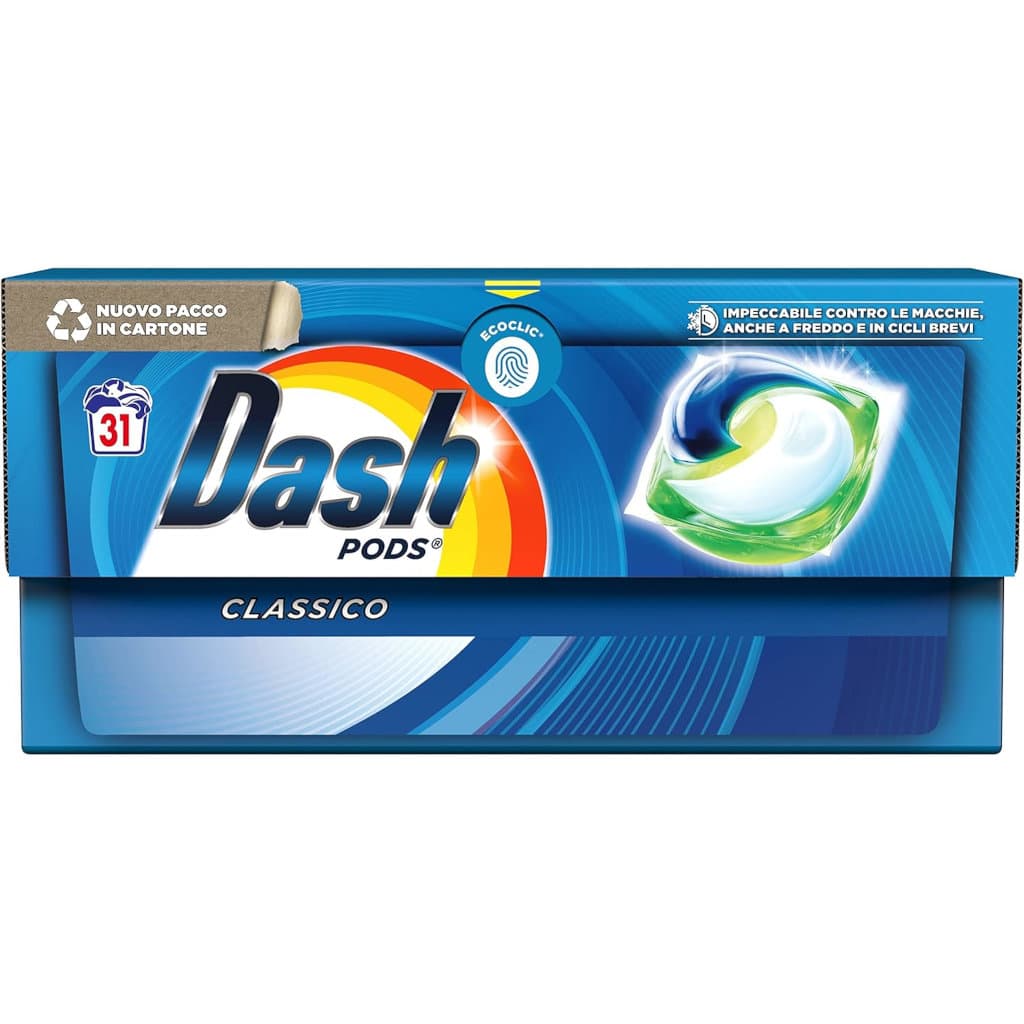 Универсални капсули за пране Dash PODS в опаковка от 31 бр, показваща предната страна с основна информация.