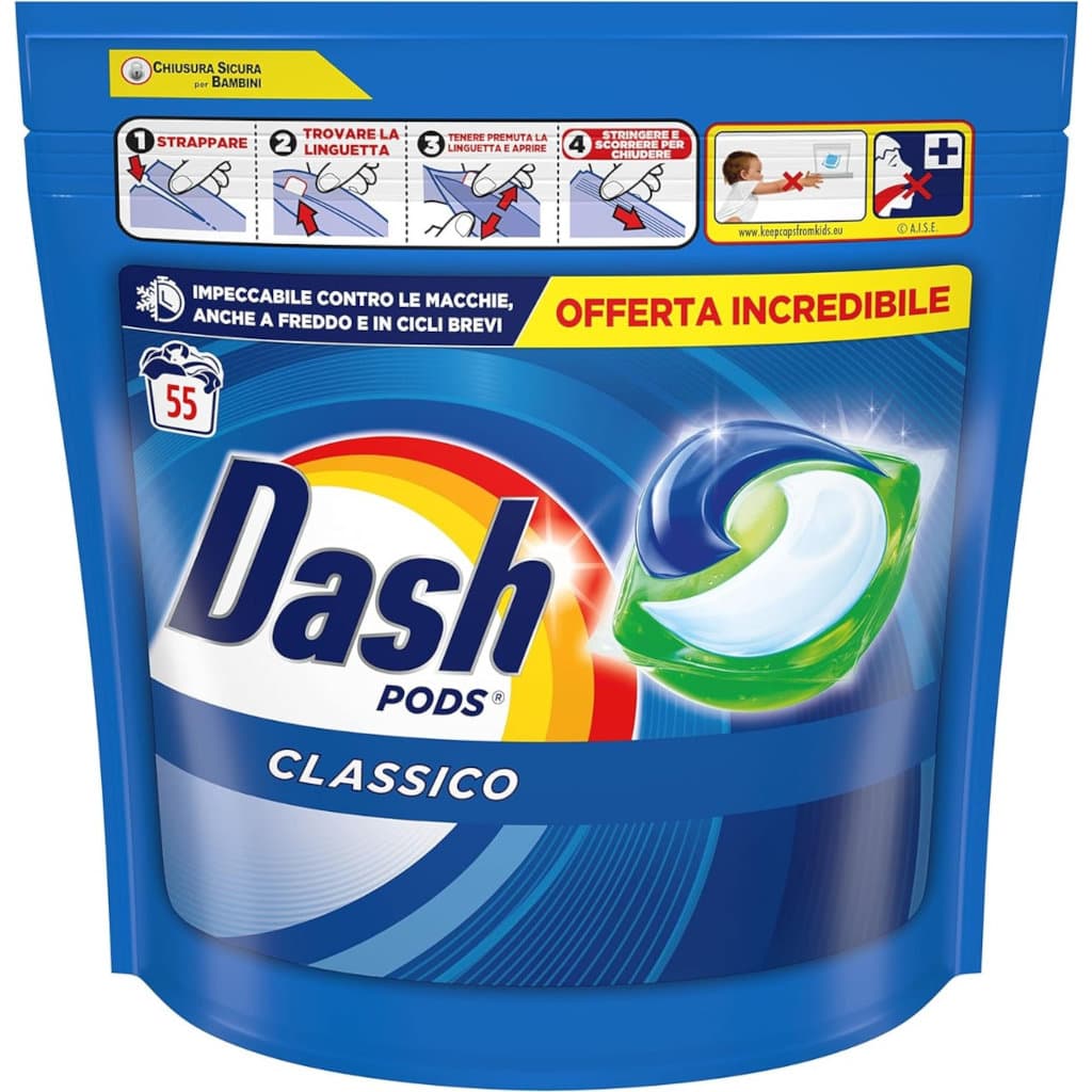 Dash Detersivo Lavatrice Classico Brillantezza - опаковка с 55 капсули, показваща предната страна с основна информация.