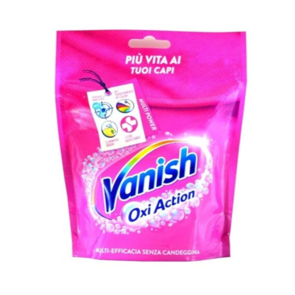Vanish Oxi Action Polvere Pink – Предна страна на опаковката, показваща концентрираната формула per la rimozione di macchie, efficace a 20°C.