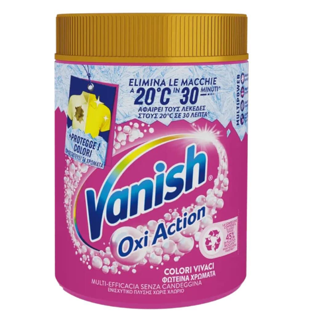 "Vanish Oxi Action Polvere Pink – Предна страна на опаковката, показваща концентрираната формула per la rimozione di macchie, efficace a 20°C."