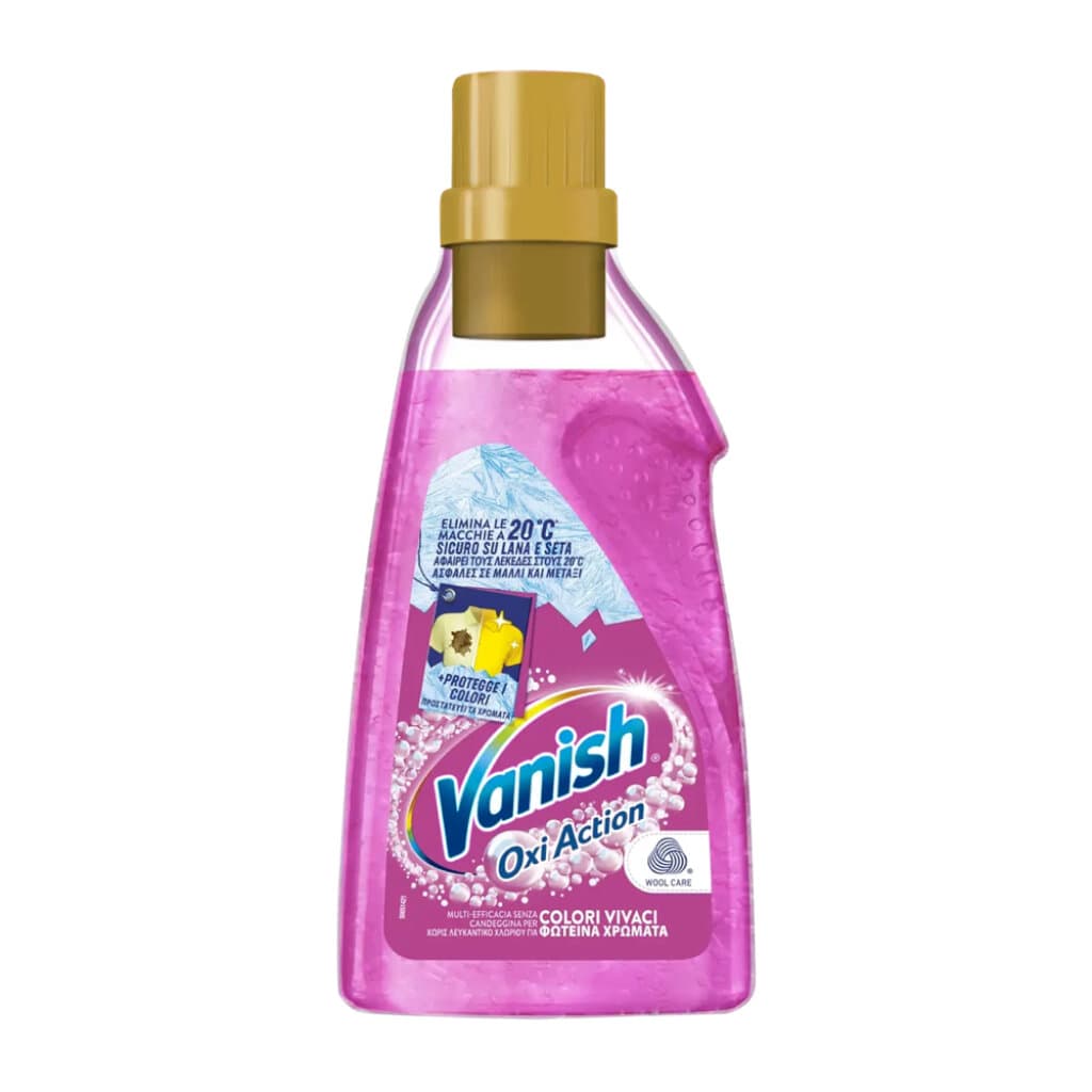 "Vanish Oxi Action Gel Pink – Предна страна на опаковката, показваща избелващата паста, предназначена за ефективно почистване при 20°C."