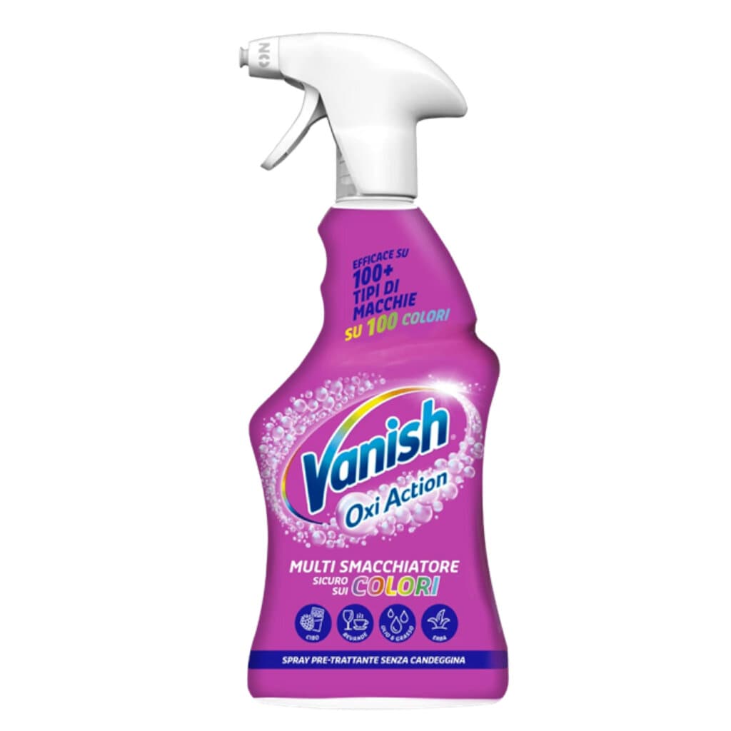 "Vanish Oxi Action Spray Pre-trattante – Предна страна на опаковката, показваща спрея за предварителна обработка на петна."