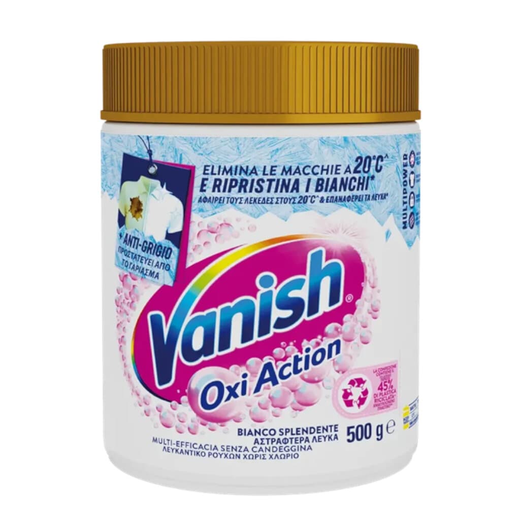 "Vanish Oxi Action Polvere White – Предна страна на опаковката, показваща продукта с активен ossigeno per l'azione sbiancante."