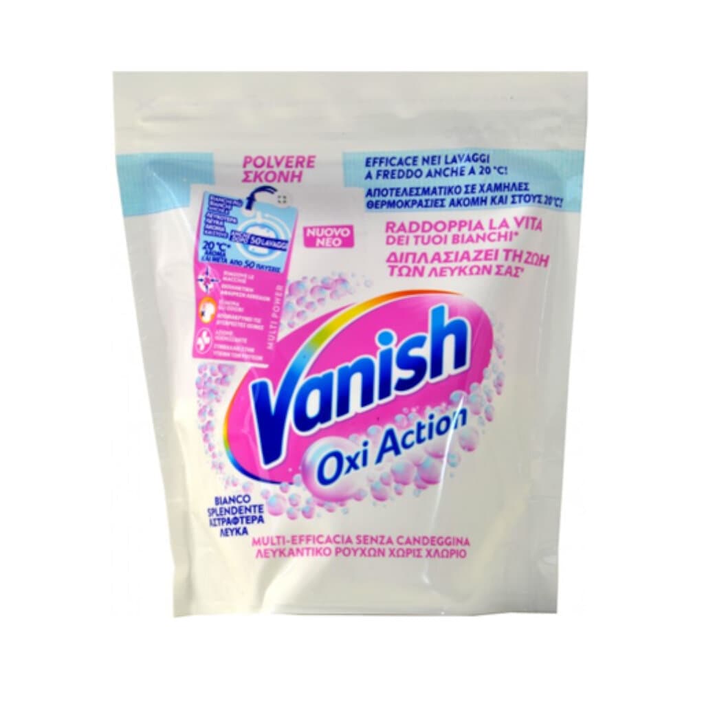 "Vanish Oxi Action Polvere White премахва петна и предпазва белите дрехи от избледняване дори при 20°C. Купете сега!"