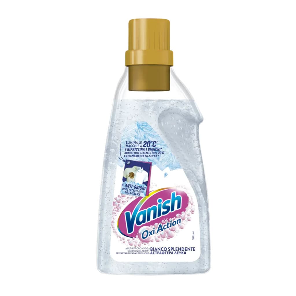 "Vanish Oxi Action Gel White – Предна страна на опаковката, показваща избелващата паста за бели дрехи."