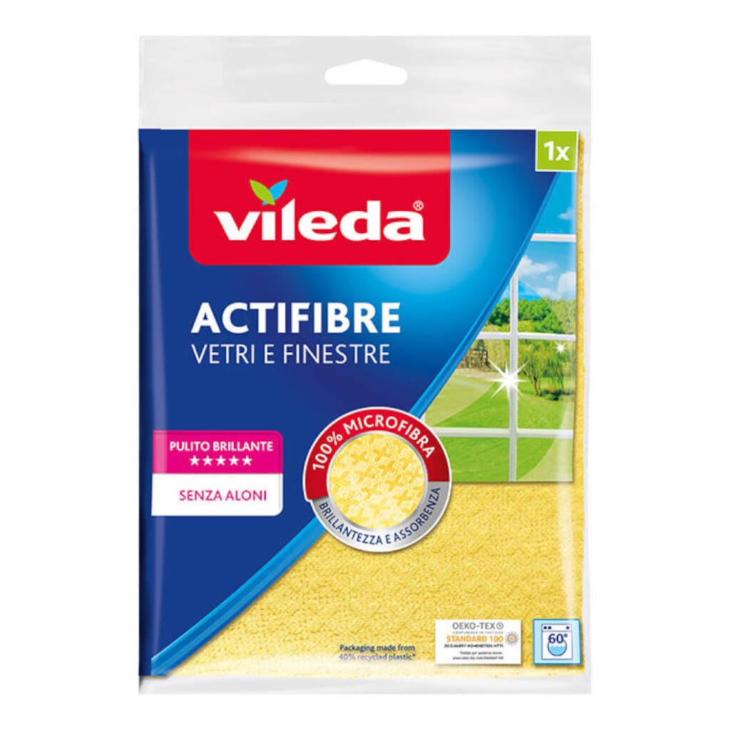 Vileda Panno Actifibre Vetri – предна опаковка на микрофибърната кърпа за стъкла с технология Actifibre.