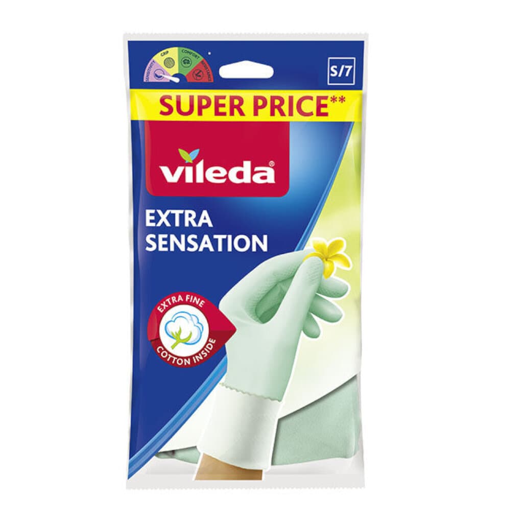 Vileda Extra Sensation – Латексови ръкавици с памучна подплата – Преден изглед на опаковката.