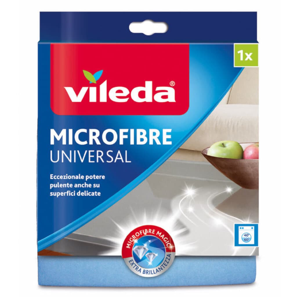 Vileda Panno Microfibre Plus Universal – предна опаковка на микрофибърната кърпа с технология Evolon.