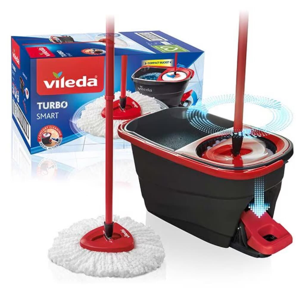 Vileda Turbo Smart – Компактна система за почистване с педал и центрофуга – Преден изглед на опаковката.