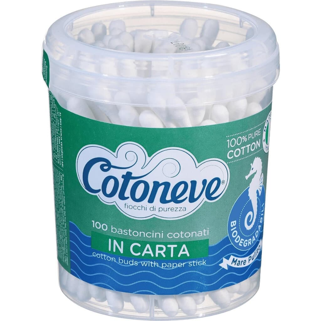 Опаковка на Cotoneve Mare Pulito Cotton Buds (100 бр.) с изображение на клечки за уши и логото на Mare Pulito.