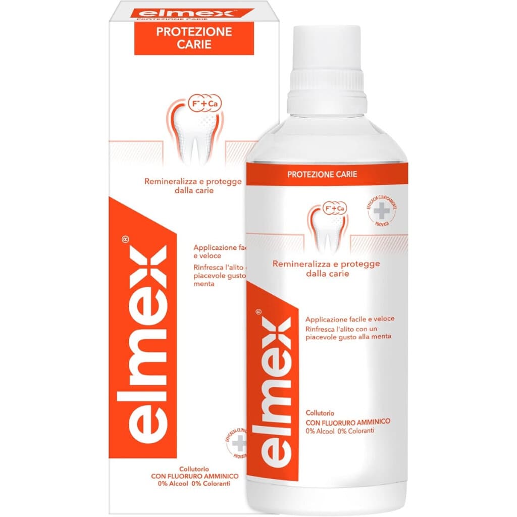 Вода за уста elmex® PROTEZIONE CARIE – ефективна защита срещу кариес и реминерализация.