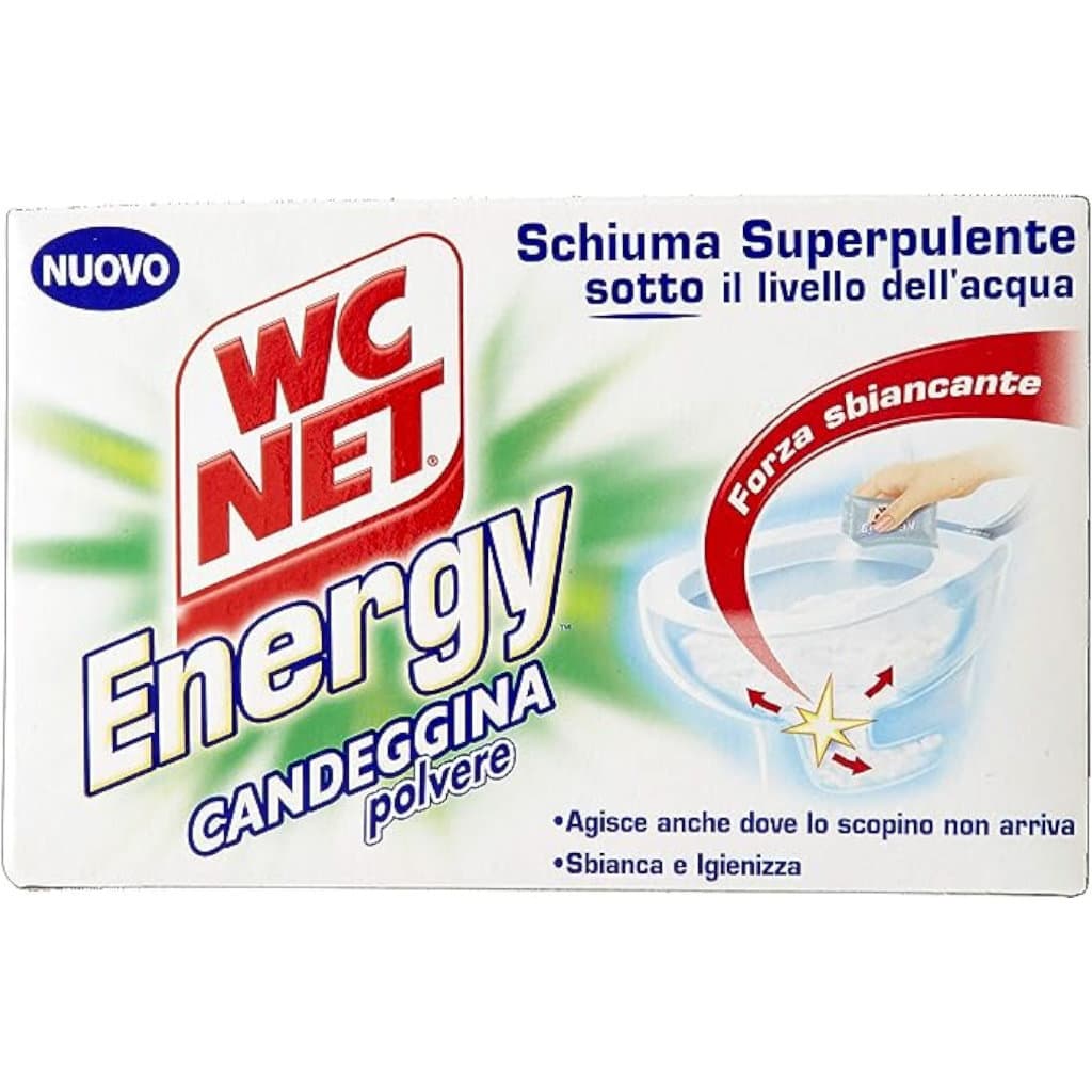 Опаковка на WC Net Energy Polvere Candeggina (250 г), показваща продукта и акцентираща върху белината и почистващите свойства.