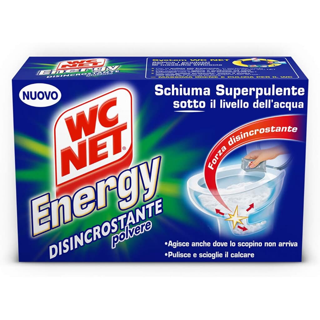 Опаковка на WC Net Energy Disincrostante Polvere с изображение, показващо ефекта на продукта.
