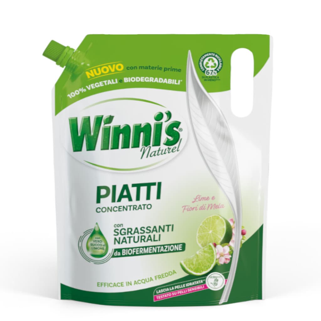 "Winni’s Piatti Ecoformato Lime – Предна страна на опаковката, показваща концентрираната формула за миене на съдове с натурални обезмаслителни агенти."