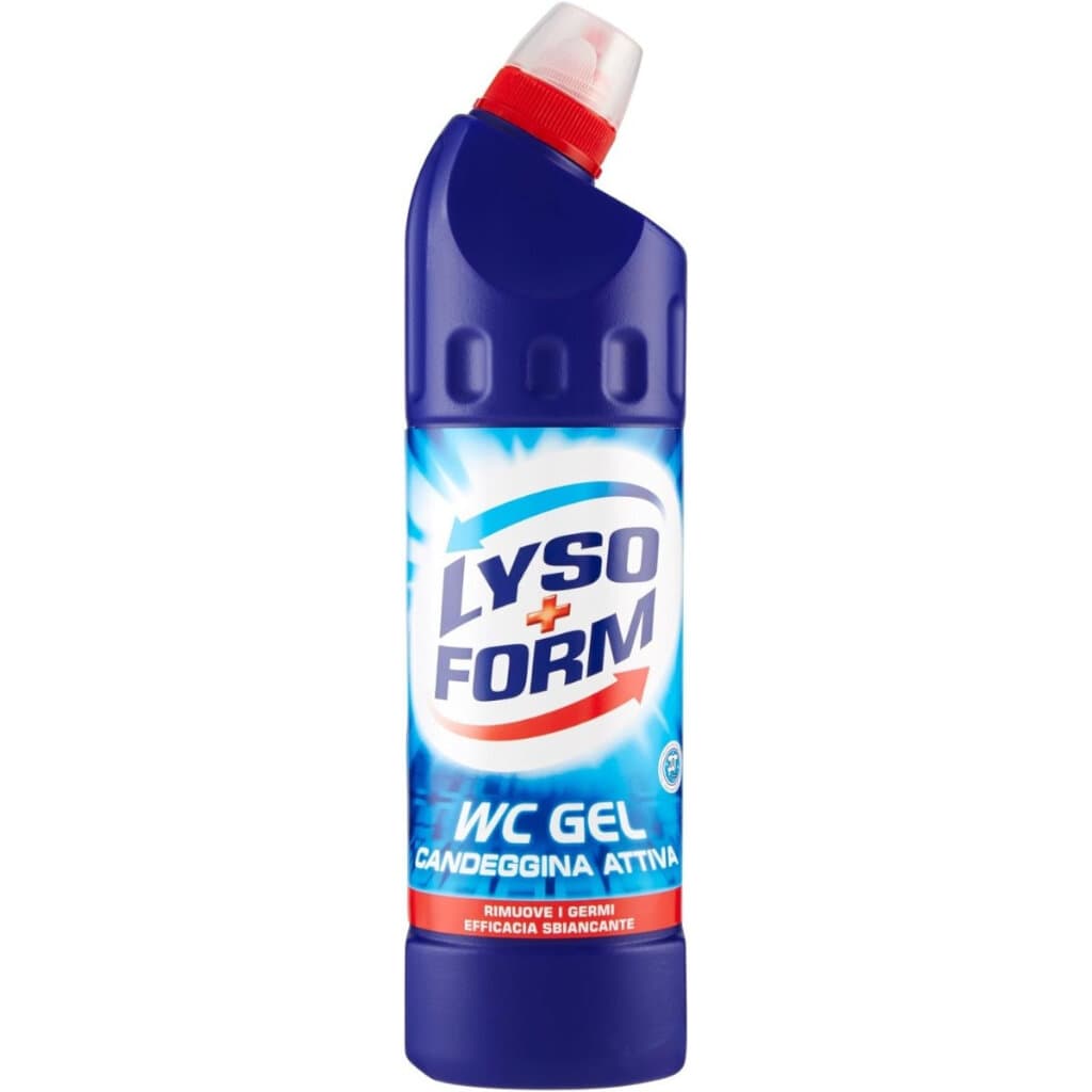 Опаковка на Lysoform Candeggina Attiva WC Gel Formula Densa (750 мл), показваща продукта и акцентираща върху гъстата формула и активната белина.